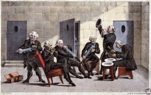 amatéři hrající courante, francouzská karikatura proti lékařům (držícím injekční stříkačky a nočníky jako hudební nástroje) a purgativu v 18. století, rytina Elgelmanna, kolem roku 1830 od Unbekannter Künstler