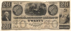 20 dolarová bankovka vydaná společností Augusta Insurance & Banking Co., Augusta, Georgia v roce 1858 s rytinami Deklarace nezávislosti po Trumbullovi, Washington po Stuartovi (?) od Unknown
