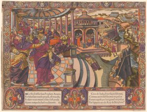 Ananiáš falešný prorok, svádí lid a přetrhává řetěz Jeremiášův, lid Judy je zajatý v Babylóně. (Ananiáš, falešný prorok, svádí lid a zlomí Jeremiáše od Unknown