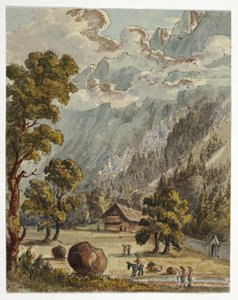 Chata a zahrada pod Alpami (recto); vesnice a ledovec du Boissons, Chamix (verso) od Unknown