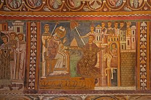 Císař Konstantin předkládá svou císařskou čelenku papeži Silvestrovi a dává mu vládu nad Římem, západní stěna kaple San Silvestro, 1246 od Unknown