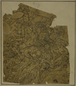 Fragment: Ozbrojení válečníci na koních bojující pěší vojáci od Unknown