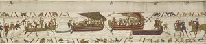 Harold překročí kanál na území Guye, hraběte z Ponthieu, kde je zajat, Bayeux Tapestry (vlněná výšivka na plátně) od Unknown