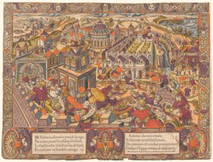 Jerusalem est prize & brulee, le Roy Sedecias a les yeux crevez. Et Jeremie est mene en Babilone. (Jeruzalém je zajat a upálen; králi Seleucisovi vyloupli oči. A Jeremiáš je přiveden do Babylóna. Jeremiáš 39-43), ne. 6, Příběh Jeremiášův od Unknown