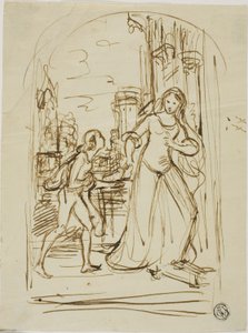 Literární ilustrace: Středověká dáma s listem (recto); náčrty postav (verso) od Unknown