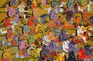 Marwar obraz: Detail z Démoni se připravují na bitvu proti bohyni Durga, palácové muzeum Mehrangarh Fort, Jodhpur, Rádžasthán, Indie od Unknown