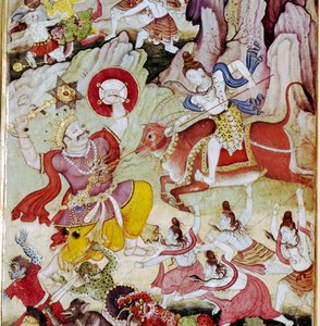Shiv Destroys The Demon Andhaka, Harivamsa Manuscript, Mughal, S1590 od Unknown
