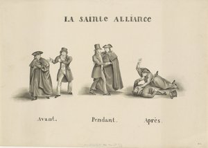 Karikatura spojenectví mezi římskou duchovní stranou a liberální stranou proti nizozemské vládě, 1828 La Sainte Alliance (název na objektu) od Unknown