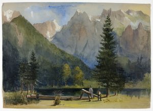Dva muži u rybníka pod Alpami od Unknown