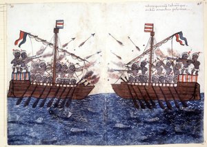 Rytina z 16. století zobrazující setkání s pirátskou lodí v Indickém oceánu. Římská biblioteca Casantense. od Unknown artist