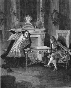 1715: Francouzský král Ludvík XIV. (1638-1715) slyšel slova otce Michela Le Telliera (1643-1719), svého jezuitského zpovědníka. Rytina 19. století. V „Histoire de France“ od Julese Micheleta od Unknown artist