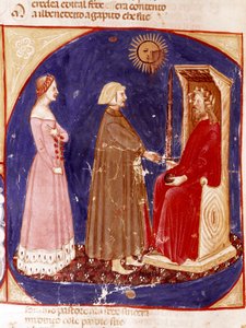 2. nebe: Dante a Beatrice čelí římskému císaři Justiniánovi v 1. nebi ráje. Osvětlená stránka ilustrující píseň Paradise z „Divina Commedia“ od Dante Alighieriho (1265-1321). 14. století, Benátky, Biblioteca Marciana od Unknown artist