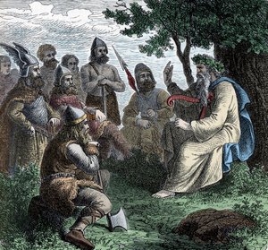 Bard recitující seveřanům - Vikingská civilizace: Bard Druid recituje poezii válečníkům, 8.-9. od Unknown artist
