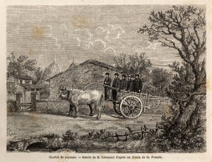 Sienský povoz rolníků, má dvě kola, pro přepravu sudů s vínem, tažený párem malých bílých volů. Engravure pour illustrrer un voyage à Siena (Itálie) v roce 1865, v „“ Le tour du monde, nouveau journal des voyages““ publikovaném pod rej. od Unknown artist