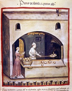 Pekař připravuje bílý chléb a krupicový chléb. Osvětlení z dojení medicíny a dietetiky „“Tacuinum sanitatis““ od Unknown artist