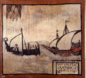 Barbarská galéra pronásleduje loď neapolských rybářů. Ex-voto 17. století. Madonna dell