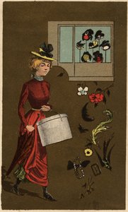 Buržoazní žena nesoucí krabici na klobouky, anonymní chromolitografie, konec 19. století. od Unknown artist