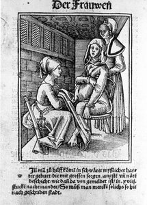 Porod. Xylografie Konrada Merkela po „Těhotných ženách a porodních asistentkách Rosengarten“, Hagenau od Unknown artist