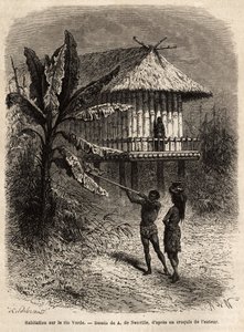 Pár Indů z Rio Verde (Brazílie), muž se svým sarbacanem, před typickým domem na kůlech. Rytina k ilustraci plavby do Nové Granady, od Dr. Saffraye, v roce 1869, publikovaná v “”Le tour du monde”””” 1873, editoval Edouard Charton, e. od Unknown artist