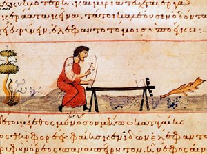 Řemeslník pracující se slonovinou. Miniatura z loveckého řemesla "" The Cynegetics "" od Oppiana (Oppian nebo Oppianus) ze Sýrie (3. století našeho letopočtu) věnovaná Caracallovi. Benátky 11. století. Knihovna Marciana od Unknown artist
