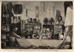 Podnik kuriozit v Jokohamě. Rytina pro ilustraci plavby do Japonska od Aime Humberta, ministra Švýcarské konfederace, v letech 1863-1864, publikovaná v „”Le tour du monde””” 1869, editoval Edouard Charton, vydání Hachette, Paříž. Selva Collect od Unknown artist