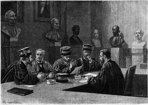 Jejich obhajoba z lékařské fakulty Latinské čtvrti v Paříži. Rytina v „Le journal de la jeunesse““ od Unknown artist