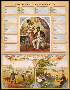 Diagram zobrazující dvě farmy, které porovnávají otroctví a svobodu. Vysoká část vyhrazená pro záznam rodinných výročí. Rytina v. 1880. od Unknown artist