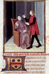 Lékař operující oko svého pacienta Miniatura převzatá z „“ Histoire de la medecine““ Paříž 16. století, B. N. od Unknown artist