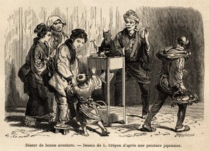 Kartářka v ulicích Eda (nyní Tokio). Rytina pro ilustraci cesty do Japonska od Aime Humberta, ministra Švýcarské konfederace, v letech 1863-1864, publikovaná v „“le tour du monde“ pod vedením Edouarda Chartona, Hachette, Pari od Unknown artist