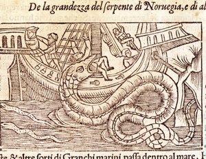Obrovský mořský had napadne loď a zbije její posádku. Rytina Olause Magnuse (1490 - 1557), švédského náboženského a geografa, „Historia de Gentis Septentrionalibus“, Benátky od Unknown artist