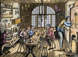 Zlatnická dílna - Řemeslo: pohled na dílnu od Etienna Delauna (1518-1583), zlatníka, francouzského tiskaře. Rytina podle originálu z roku 1576. Dílna Etienna Delaulna, zlatníka v Paříži od Unknown artist