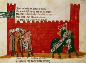 Skupina rytířů opouštějící miniaturní hrad z ""Vchodu Španělska"". Benátky 14. století, Biblioteca Marciana od Unknown artist