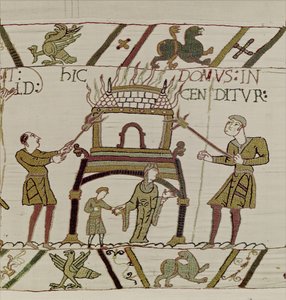 Dům je vypálen Normany, Bayeux Tapestry (vlněná výšivka na plátně) od Unknown artist