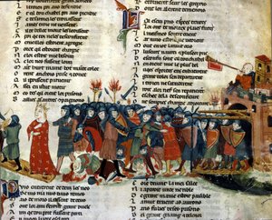 Král je zajat a odvezen nepřátelskou armádou, zatímco oběti bitvy leží na zemi. Miniatura „Roman de Troy““ od Benoita de Saint Maure. Biblioteca Marciana ze 14. století, Benátky od Unknown artist