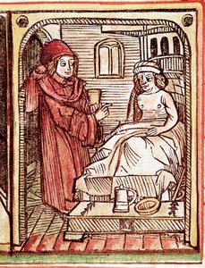 Lékař poskytuje pacientovi léčbu léčivými rostlinami Rytina z „Tractatus de pestilentia““ 15. století - Praha, Národní knihovna od Unknown artist