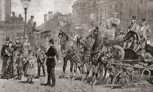 Policista zastavuje dopravu na rušném přechodu, aby umožnil chodcům přejít silnici, Londýn, Anglie. od Unknown artist