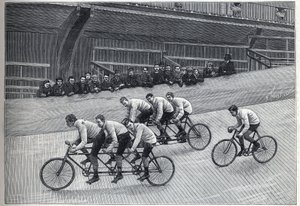 Rekordman cyklista se svými trenéry na trojitých vlacích na cyklistické dráze. Gravírování do ""La Nature"" od Unknown artist