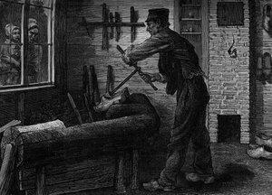 Sabotier při práci ve své dílně v Belgii, Rytina v časopise „“la jeunesse““ od Unknown artist