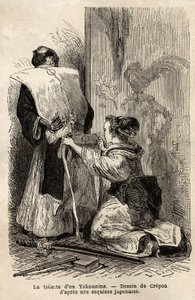 Záchod samuraje, mladá služebná jí pomáhá uvázat kimono. Rytina pro ilustraci plavby do Japonska v letech 1863-1864 od Aime Humberta, ministra Švýcarské konfederace, v „“Le tour du monde, nouveau journal des voyages““ vydaném pod vedením od Unknown artist