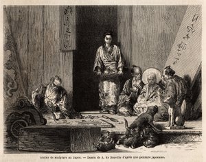 Sochařská dílna v Yedo (nebo Edo, dnešní Tokio), prořezávání žuly pro výrobu sloupů, sošek, svícnů a náhrobků, jakož i řezbářství, pro výrobu oltářních desek, dekorativních dřevěných výrobků, rakví a chimérických figurín od Unknown artist