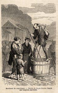 Obchodník s granáty uprostřed ulice se v rovnováze zvedne na sudu s jeho zbožím, které táhne dvěma dlouhými hůlkami. Rytina k ilustraci plavby do Japonska v letech 1863-1864 od Aime Humberta, ministra Švýcarské konfederace, v „L od Unknown artist