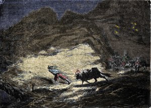 Vrak lodi (pirát) používá světlo visící na hlavě vola k oklamání lodí, které se poté přiblíží k pobřeží a ocitnou se ve dveřích lupičů. Rytina 19. století. od Unknown artist