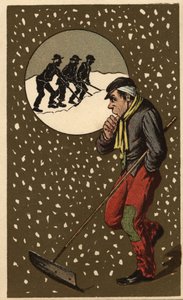 Sběrač sněhu s lopatou. Anonymní chromolitografie, konec 19. století. od Unknown artist