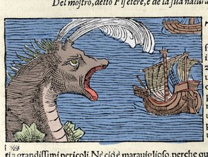 Vorvaň (?) (physeter) zaútočí na loď. Rytina Olause Magnuse (1490 - 1557), švédského náboženského a geografa, „Historia de Gentis Septentrionalibus“, Benátky od Unknown artist
