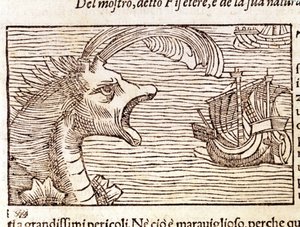 Vorvaň (?) (physeter) zaútočí na loď. Rytina Olause Magnuse (1490 - 1557), švédského náboženského a geografa, „Historia de Gentis Septentrionalibus“, Benátky od Unknown artist