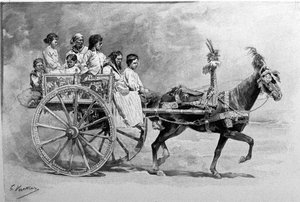 Tradiční sicilský vozík. 19. století rytina od Unknown artist