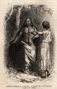 Válečník indiánského kmene Crow (vrány), žijící podél řeky Lewis, dělá svou toaletu. Rytina pro ilustraci exkurze mezi indiánskými kmeny povodí Kolumbie a Horní Missouri, od G. Catlina, v roce 1855, publikovaná v „“le tour du monde““ od Unknown artist