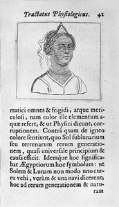 Žena má černou pleť. Stránka převzatá z „“Tractatus physiologicus de pulchritudine“““ pojednává o Ernesto Venio (Ernestus Vaenius) bránícím krásu stvoření před anonymním protivníkem. 1612 od Unknown artist