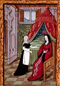 Mladá žena pravděpodobně Louise Laval (zemřela 1480) ve své ložnici se svým Miniaturním sluhou převzatým z „“ Histoire de Jean III de Brush et de sa femme Louise de Laval“““ (ms. 1475, fol. 10r) Chantilly, musee Conde od Unknown artist