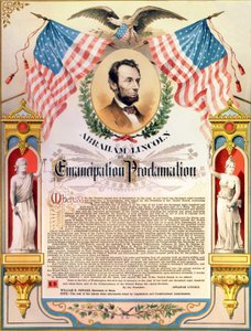 Abraham Lincoln a jeho vyhlášení emancipace otroků (vlajky a orel). 22/09/1862. od Unknown artist